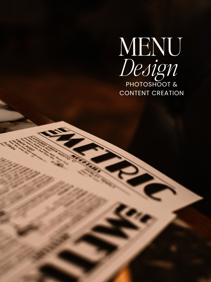 Text says: menu design, photoshoot and content creation. Image of menu design by The OG Marketing Agency for The Metric cocktail bar