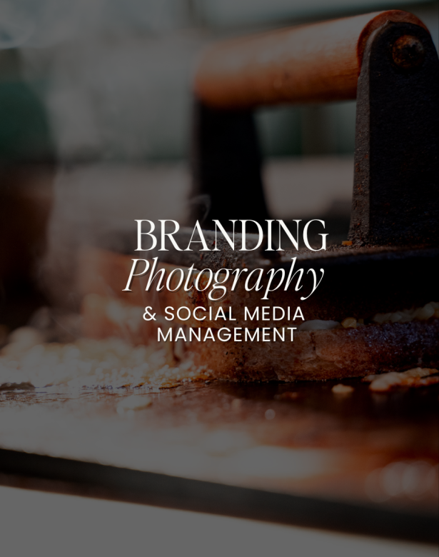 Test says: Branding, photography and social media management with image of a grilled cheese sandwich in the background